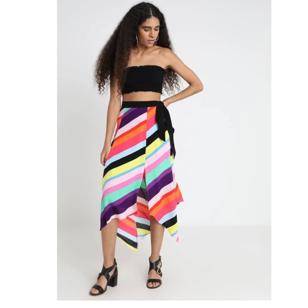 Topshop Rainbow Striped Asymmetric Midi Skirt -size 10